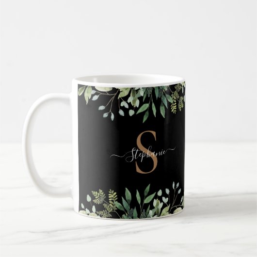 Elegantes Eukalyptus Botanical Gold Monogram Scrip Kaffeetasse (Links)