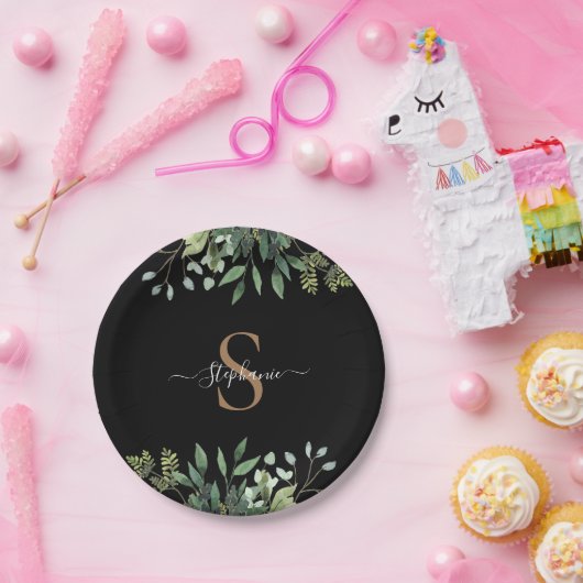 Elegantes Eukalyptus Botanical Gold Monogram Scrip Pappteller (Party)