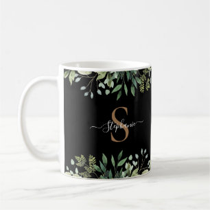 Elegantes Eukalyptus-Botanik-Gold-Monogramm-Skript Kaffeetasse