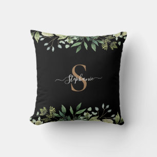 Elegantes Eukalyptus-Botanik-Gold-Monogramm-Skript Kissen