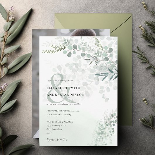 Elegantes Eukalyptus Botanisches Foto Hochzeit Einladung
