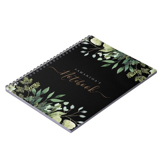 Elegantes Eukalyptus Botanisches Schwarzes Gold-Sc Notizblock (Linke Seite)