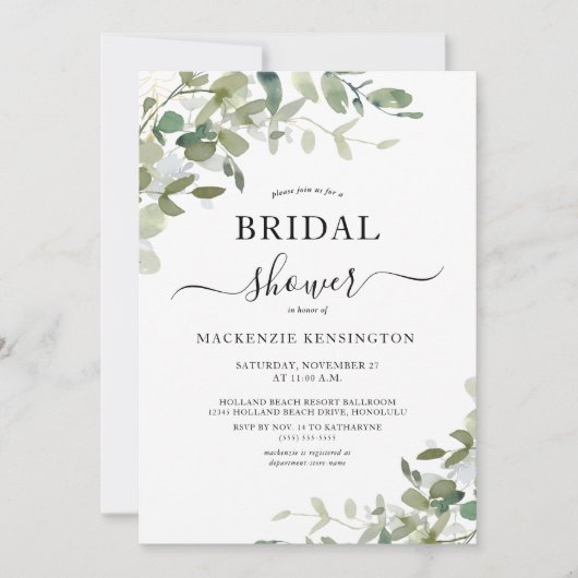 Elegantes Eukalyptus-Brautparty Einladung (Vorderseite)