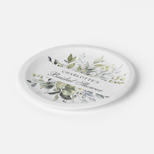 Elegantes Eukalyptus-Brautparty Pappteller (Schrägansicht)