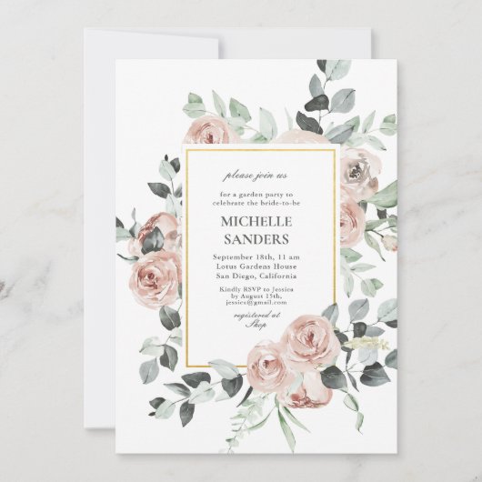 Elegantes Eukalyptus Dusty Rose Brautparty Einladung (Vorderseite)