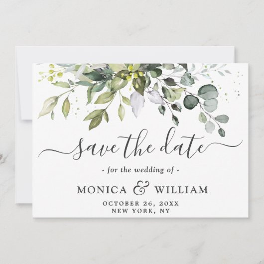 Elegantes Eukalyptus Floral FOTO Hochzeit Save The Date (Vorderseite)