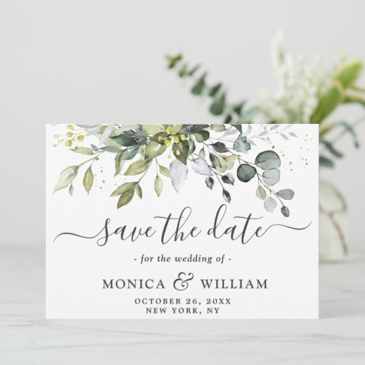 Elegantes Eukalyptus Floral FOTO Hochzeit Save The Date (Stehend Vorderseite)