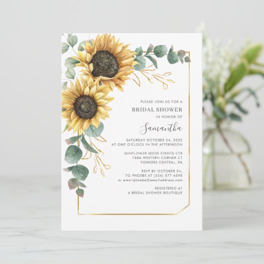 Elegantes Eukalyptus Floral Sonnenblumen Brautpart Einladung (Stehend Vorderseite)