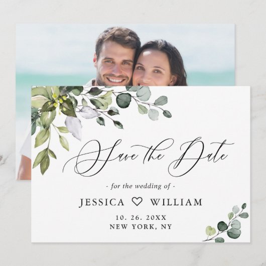 Elegantes Eukalyptus Floral Wedding FOTO Save The Date (Vorne/Hinten)