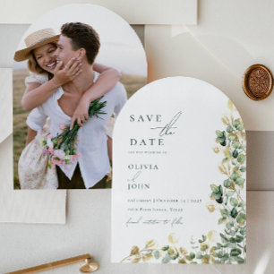 Elegantes Eukalyptus-Foto Hochzeit Speichern Sie d Einladung