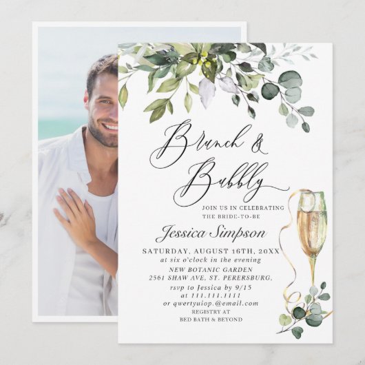 Elegantes Eukalyptus Greenery Brunch & Bubbly FOTO Einladung (Vorne/Hinten)
