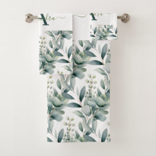 Elegantes Eukalyptus-Grün Botanisches Handtuch-Set Badhandtuch Set