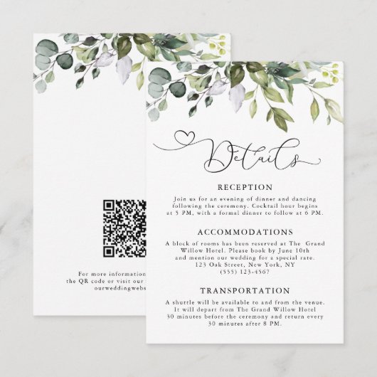 Elegantes Eukalyptus-Grün QR-Code-Hochzeit Begleitkarte (Vorne/Hinten)