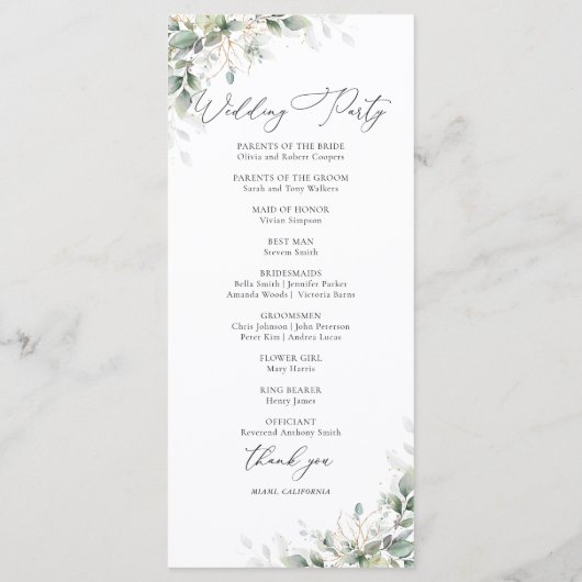 Elegantes Eukalyptus-Hochzeitsprogramm Programm (Rückseite)