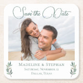 Elegantes Eukalyptus Leaf-Foto Save the Date Rechteckiger Pappuntersetzer (Vorderseite)