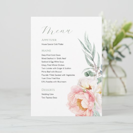 Elegantes Eukalyptus Peonies Wedding Menu Menükarte (Stehend Vorderseite)