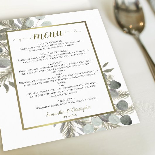 Elegantes Eukalyptus & Pine Budget Wedding Menu