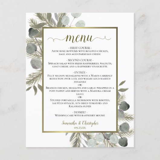 Elegantes Eukalyptus & Pine Budget Wedding Menu (Vorderseite)