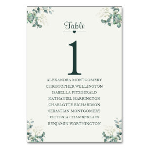 Elegantes Eukalyptus-Tischschild mit Gästeliste Tischnummer