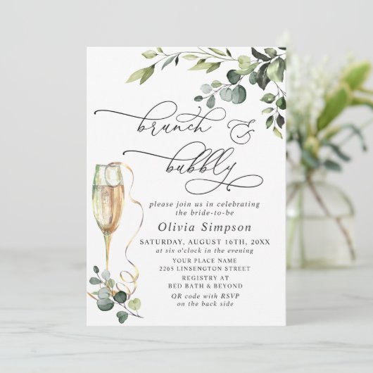 Elegantes Eukalyptus Watercolor Brunch & Bubbly Einladung (Stehend Vorderseite)