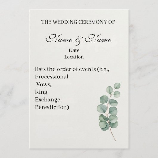 Elegantes Eukalyptus Watercolor Hochzeitsprogramm Programm (Vorderseite)