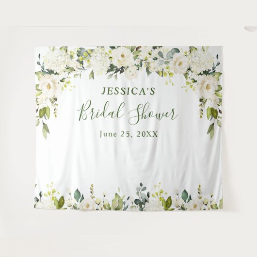 Elegantes Eukalyptus White Roses Brautparty Tape Wandteppich (Vorderseite (Horizontal))