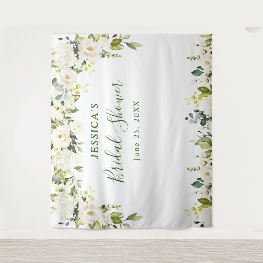 Elegantes Eukalyptus White Roses Brautparty Tape Wandteppich (Vorderseite)