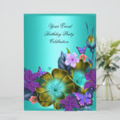 Elegantes Event-Party Aquamarine Lila Gold-Blume Einladung (Stehend Vorderseite)