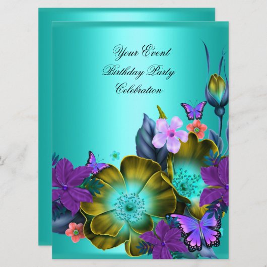 Elegantes Event-Party Aquamarine Lila Gold-Blume Einladung (Vorne/Hinten)