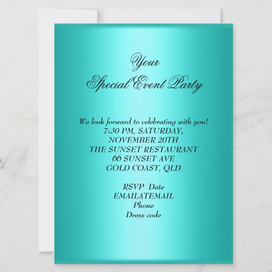 Elegantes Event-Party Aquamarine Lila Gold-Blume Einladung (Rückseite)