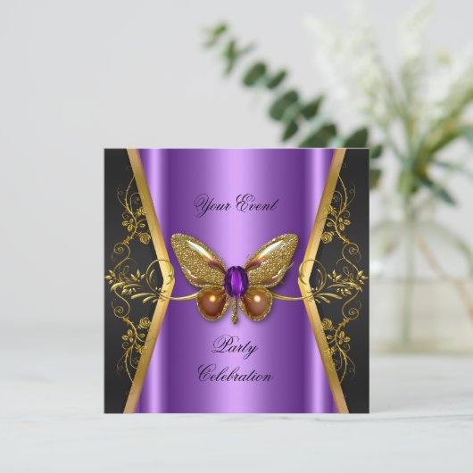 Elegantes Event-Party Lila Gold Butterfly Einladung (Stehend Vorderseite)