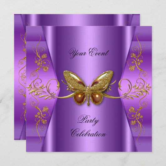 Elegantes Event-Party Lila Gold Butterfly Einladung (Vorne/Hinten)