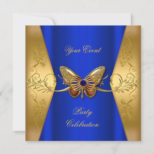 Elegantes Event Party Royal Blue Gold Butterfly Einladung (Vorderseite)