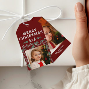 Elegantes Evergreen Garland Border Zwei Fotos Geschenkanhänger