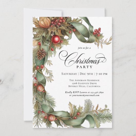 Elegantes Evergreens und Ribbons Weihnachts-Party Einladung (Vorderseite)