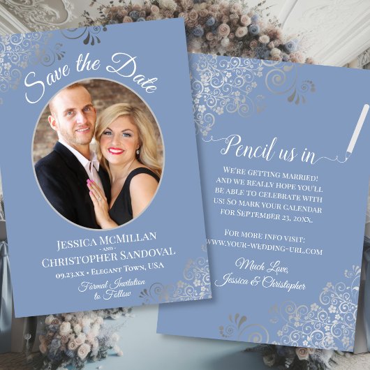 Elegantes Extravagantes Silver & Dusty Blue Foto H Save The Date
