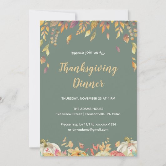 Elegantes Fall Sage Erntedank Dinner Einladung (Vorderseite)