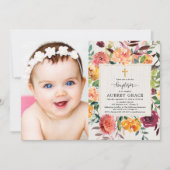 Elegantes fallblumenburgundes Taufhaus-Foto Einladung (Vorderseite)