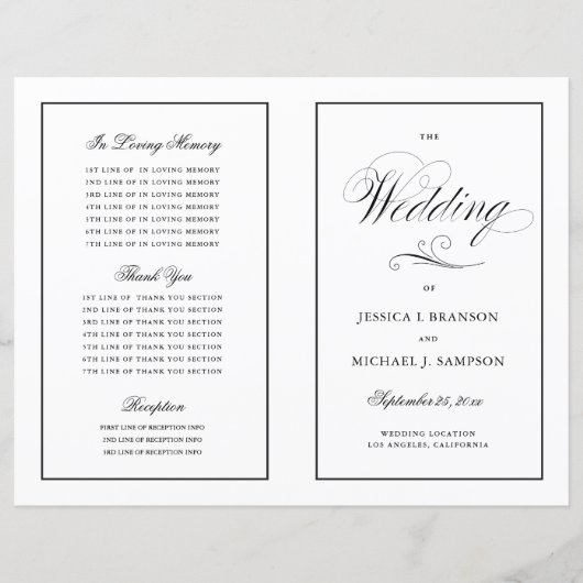 Elegantes Falt-Hochzeitsprogramm mit schwarzer Umr (Vorderseite)
