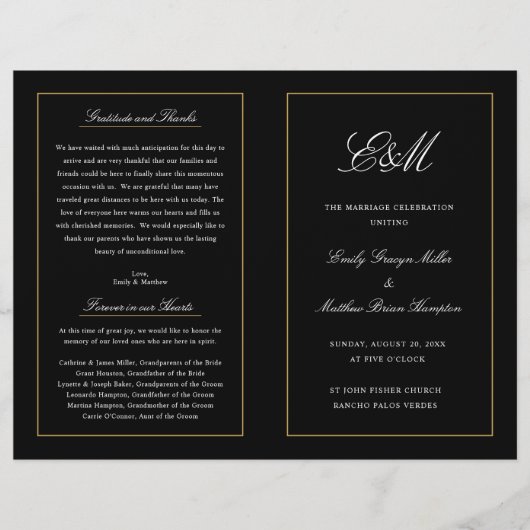 Elegantes Falzhochzeitprogramm Monogram Black (Vorderseite)