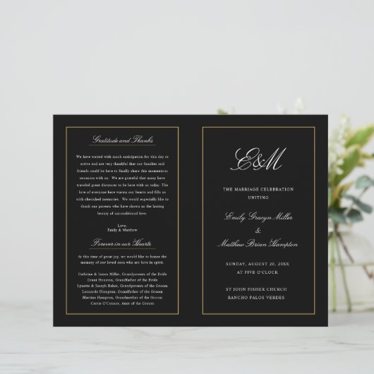 Elegantes Falzhochzeitprogramm Monogram Black (Stehend Vorderseite)