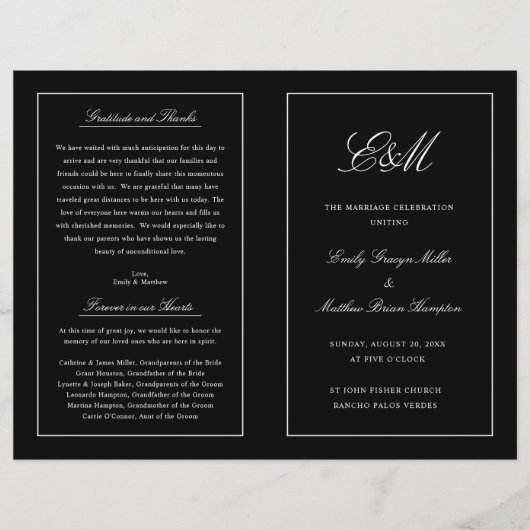 Elegantes Falzhochzeitprogramm Monogram Black (Vorderseite)