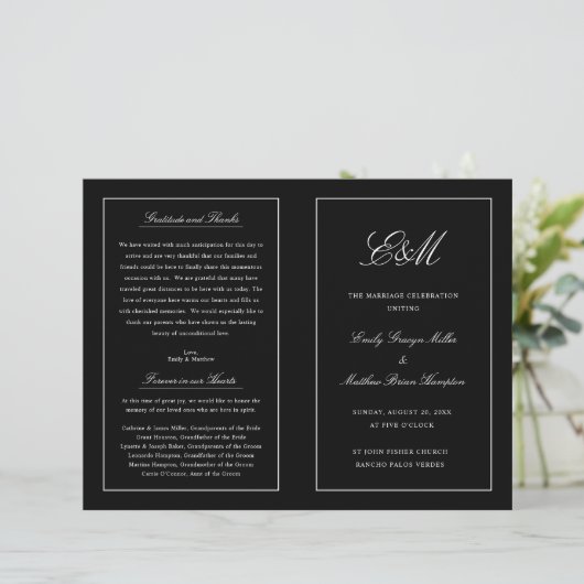 Elegantes Falzhochzeitprogramm Monogram Black (Stehend Vorderseite)