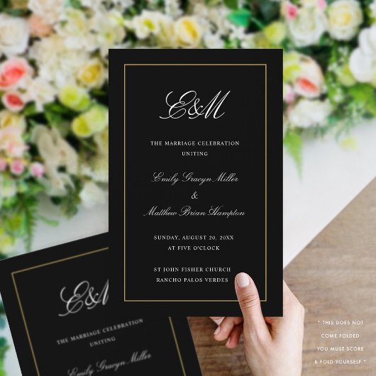 Elegantes Falzhochzeitprogramm Monogram Black