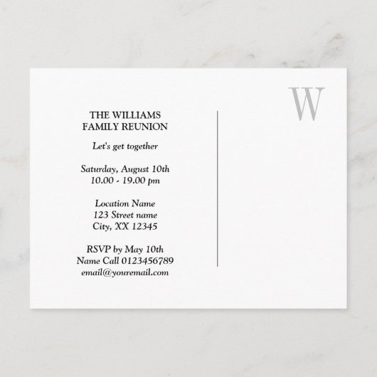 Elegantes Familien-Wiedersehenmonogramm Save the Ankündigungspostkarte (Rückseite)