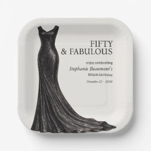 Elegantes fantastisches schwarzes Kleid der Frau z Pappteller
