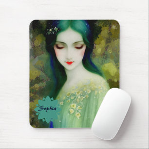 Elegantes Fantasy Frauenportrait in Grün und Blau Mousepad