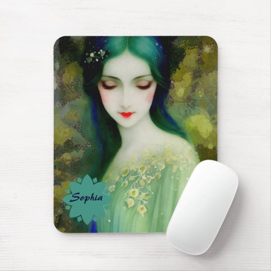 Elegantes Fantasy Frauenportrait in Grün und Blau Mousepad (Mit Mouse)