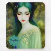 Elegantes Fantasy Frauenportrait in Grün und Blau Mousepad (Vorne)