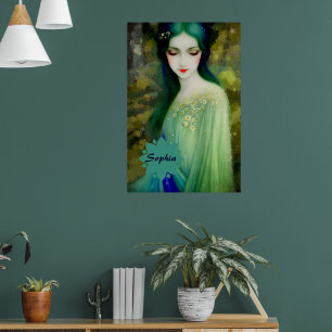 Elegantes Fantasy Frauenportrait in Grün und Blau Poster